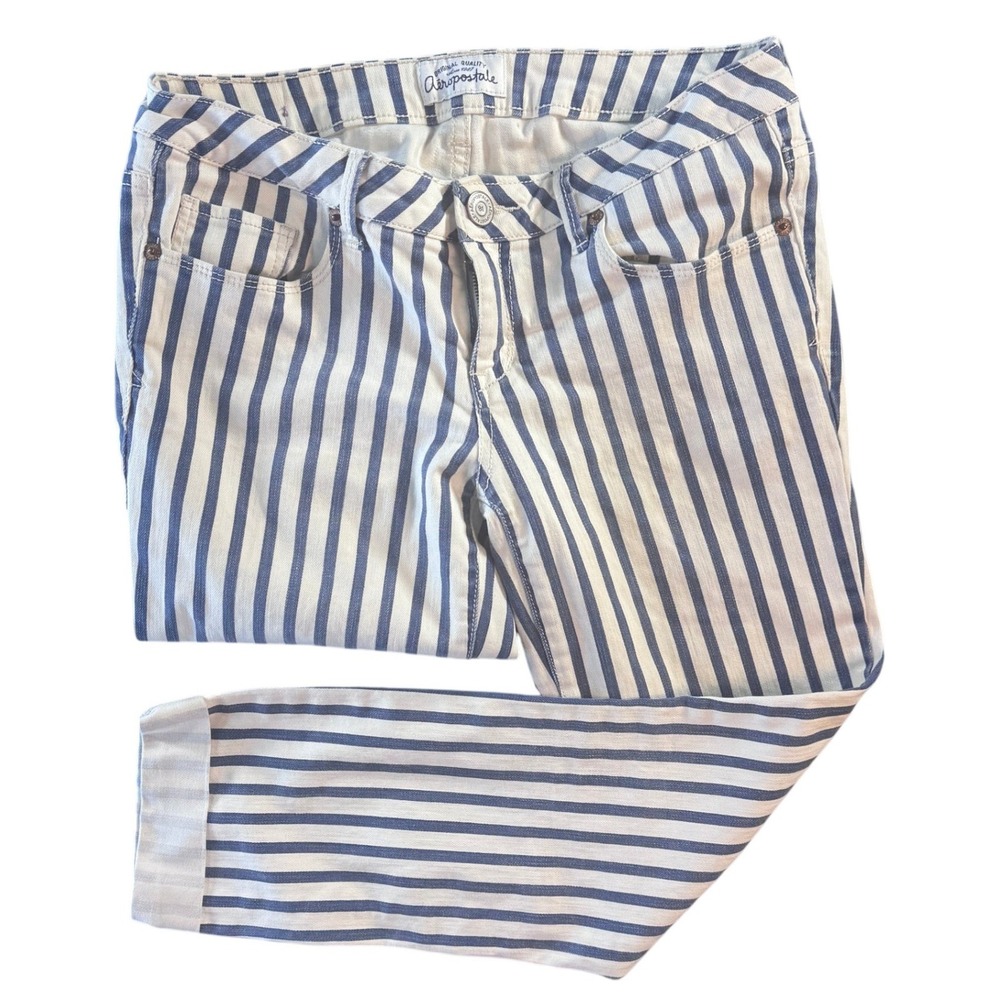 Aeropostale Ashley Ultra Skinny Blue White Striped Cuffed Jeans Size 5/6 Regular